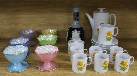 A harlequin set of six Maling dessert dishes, a Thomas, Germany coffee set and a Copeland Spode decanter, 1911